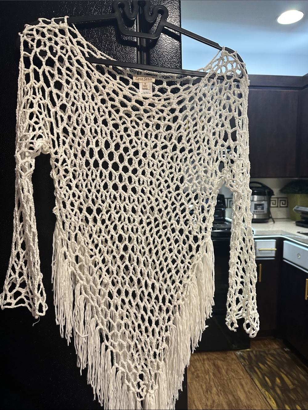 Ivory Crochet Knit Beach Cover Up Poncho with Fringe – Swimsuit Cover Up